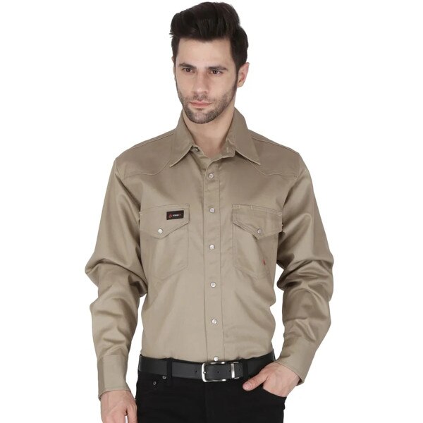 Forge FR Men's Solid Long Sleeve Work Shirt in Khaki